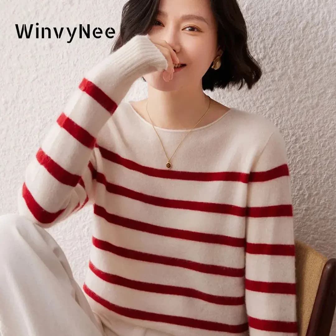 WinvyNee Women's Cashmere Wool Striped Sweaters Big O Neck Loose Outerwears Jumpers Tops Warm Pullover Clothing Winter A1044034