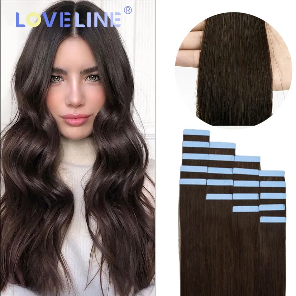 LOVELINE Tape In Hair Extensions Human Hair 100% Virgin Remy Natural Human Hair Skin Weft Invisiable Seamless Brown Color