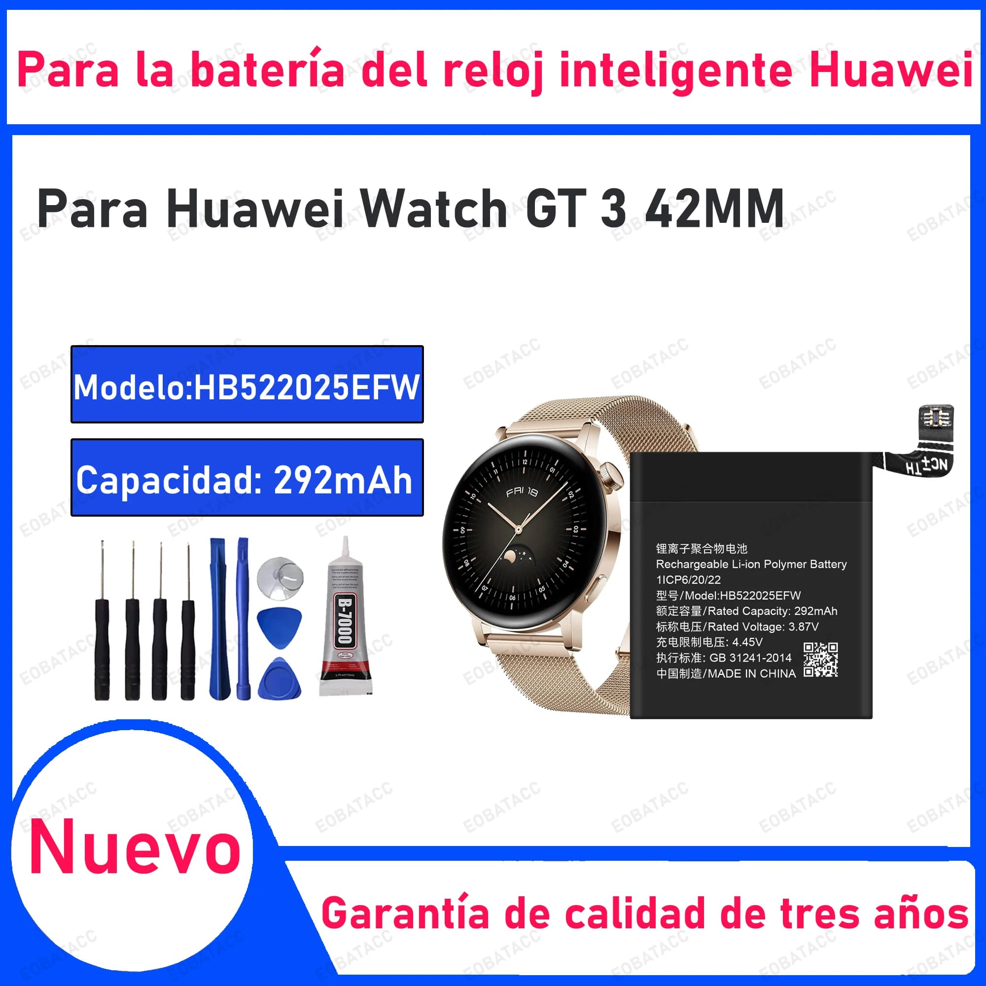 100% New High Quality HB522025EFW Replacement Watch Battery For Huawei GT 3 42MM GT3 Smart Bateria + Free Tools