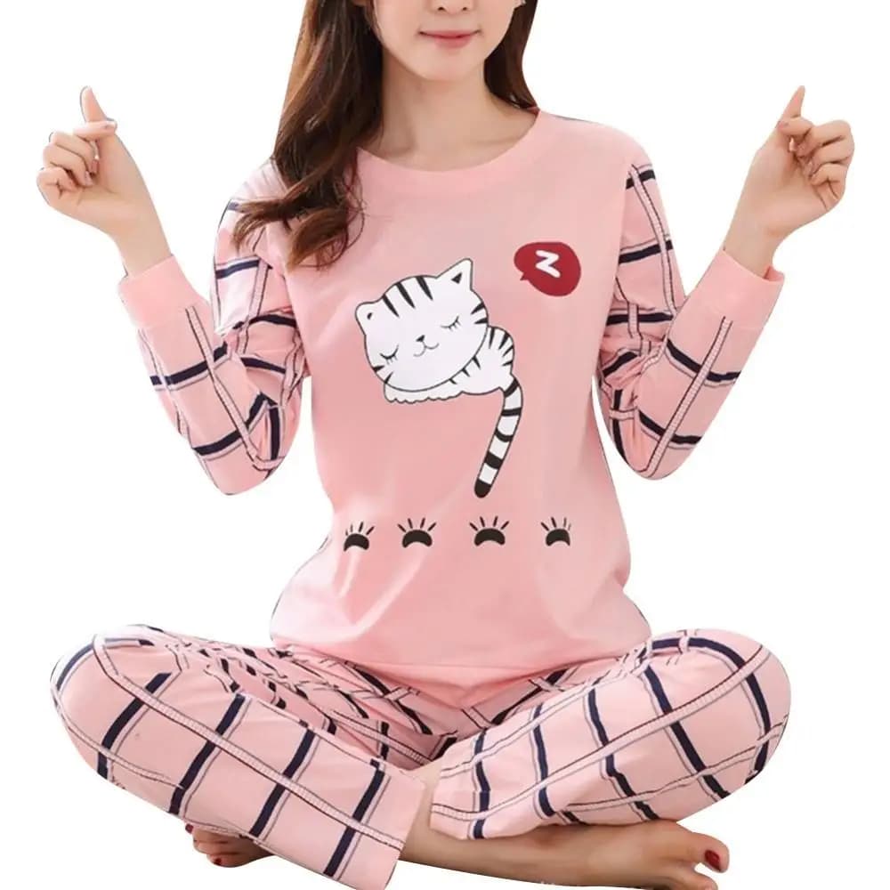 Winter Cute Cartoon Cater Print Pajamas Long Sleeve Two Piece Home Wear Women Casual O-Neck Pyjamas