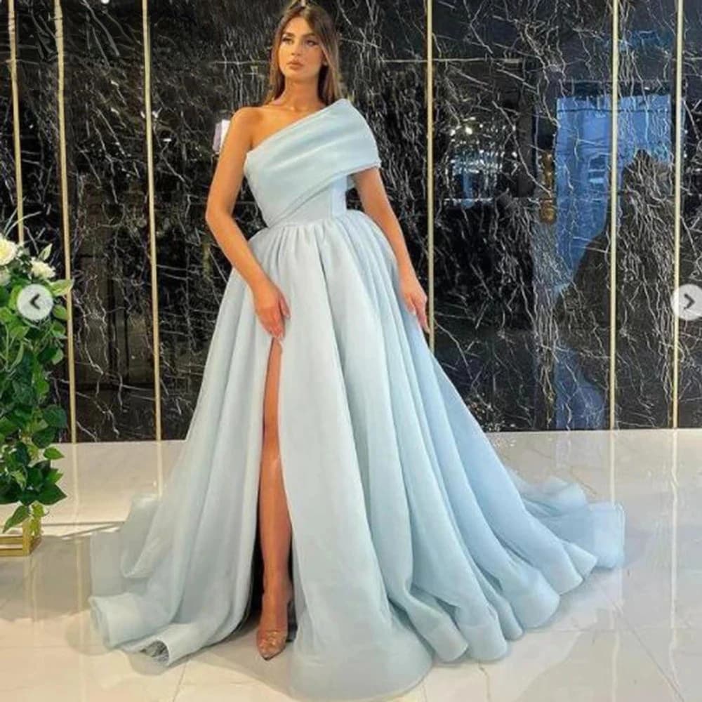 Elegant Sky Blue One Shoulder Evening Dress with High Silt For Women Luxury Wedding Birthday Cocktail Party Formal Prom Gown
