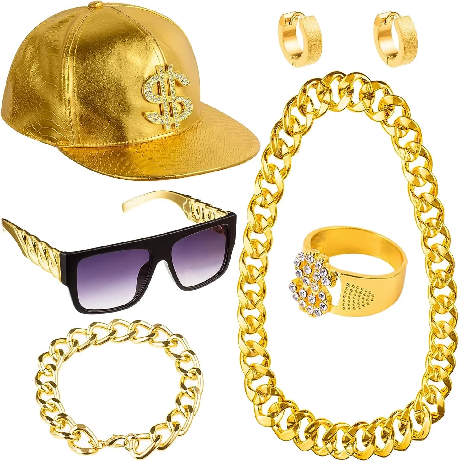 PESENAR 80s 90sHip Hop Costume Kit Metal Chain Flat Top Sunglasses Rapper Big Chain Necklace and Bracelet Hip Hop Gold Cap