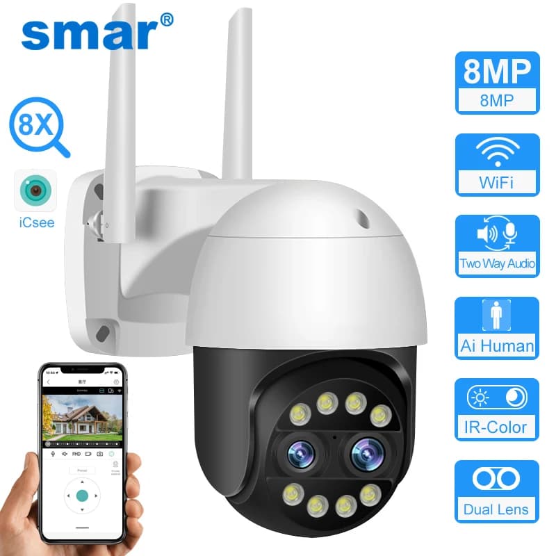Smar 2.8+12mm Dual Lens 4K 8MP PTZ IP Camera 8X Zoom WiFi Outdoor Security Cam Surveillance Human Detection 2K CCTV Video ICsee