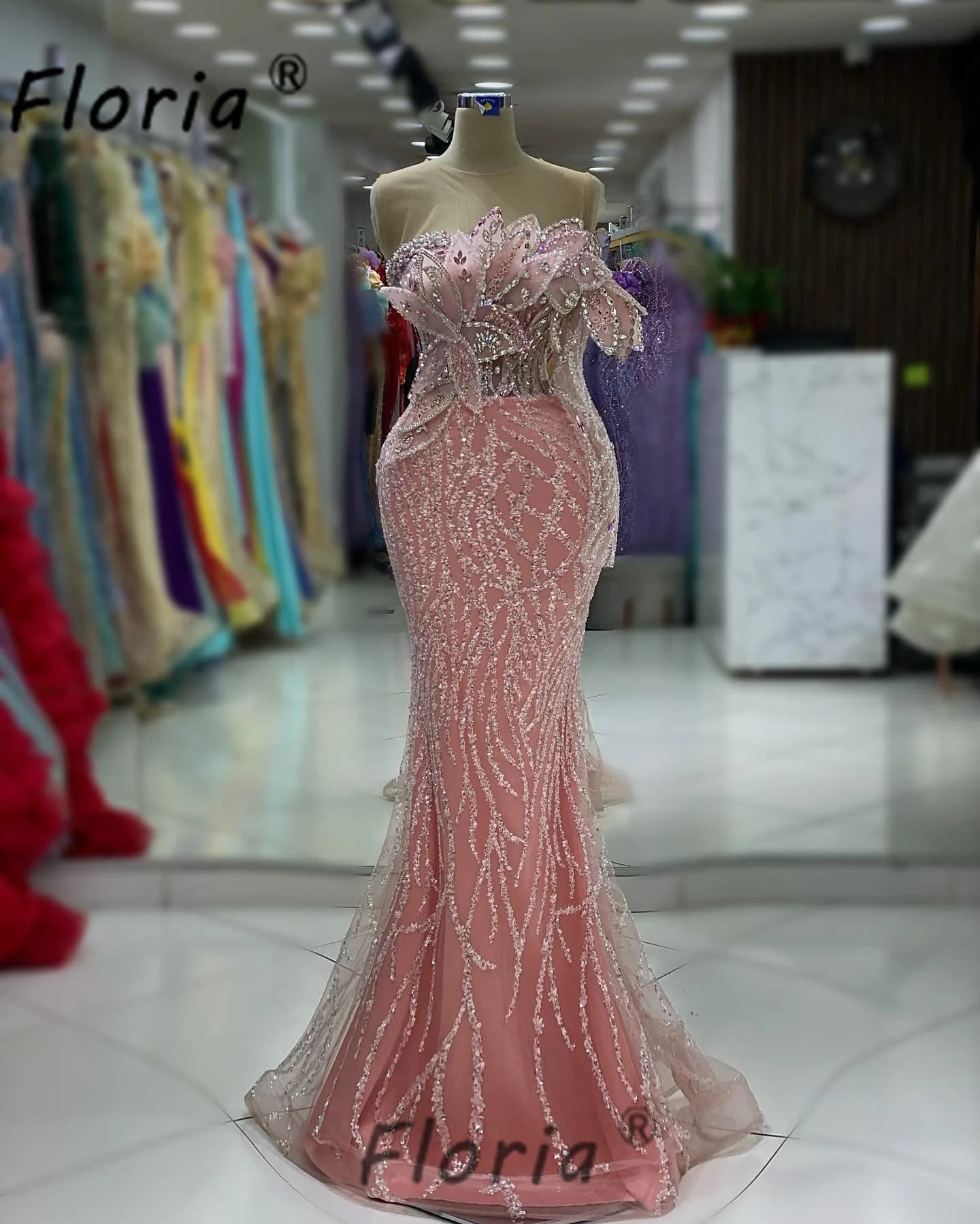 Charming Pink Arab Mermaid Evening Dresses Haute Long Sleeve 3D Applique Prom Gown Crystal Beaded Vestidos de Gala Celebrity