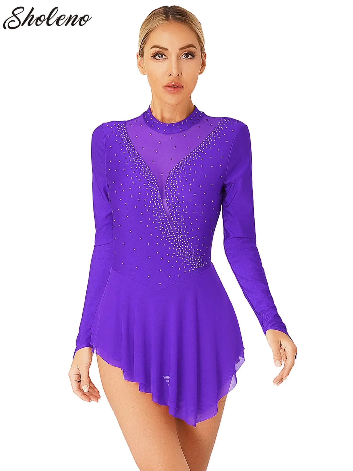 Women Figure Ice Skating Dress Gymnastics Leotard Lyrical Dance Ballet Costume Long Sleeve Shiny Rhinestone Sheer Mesh Dancewear