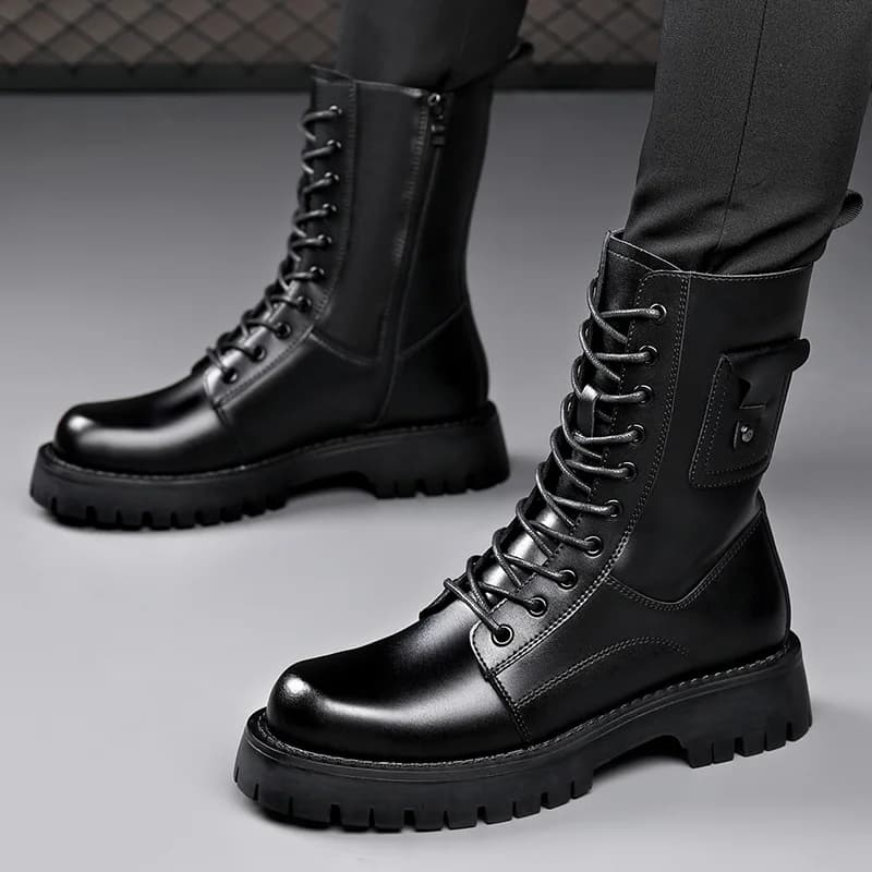 men's fashion high motorcycle boots autumn winter shoes lace-up genuine leather platform boot brand designer long knight botas