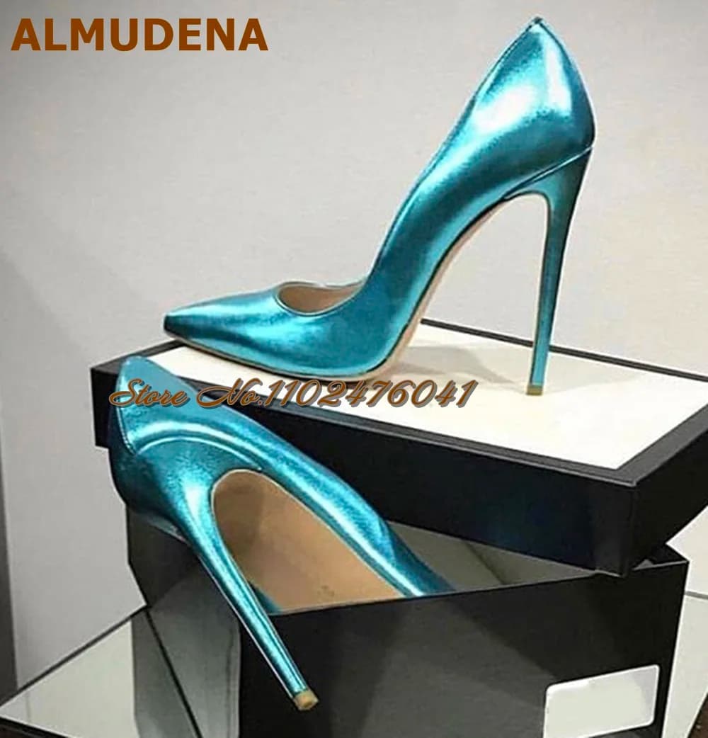 ALMUDENA Metallic Glossy Matte Leather High Heel Shoes 12cm 10cm 8cm Purple Pink Blue Stilettos Shallow Pumps Wedding Footwear