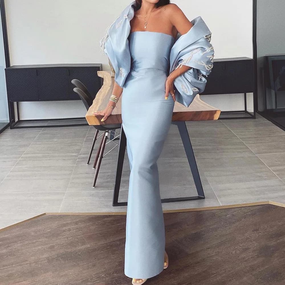 CustomizedSatin Straight Half Sleeves Off the Shoulder Ankle Length Pleats Solid Color Fashion Crystal Bespoke Occasion Gowns Cl