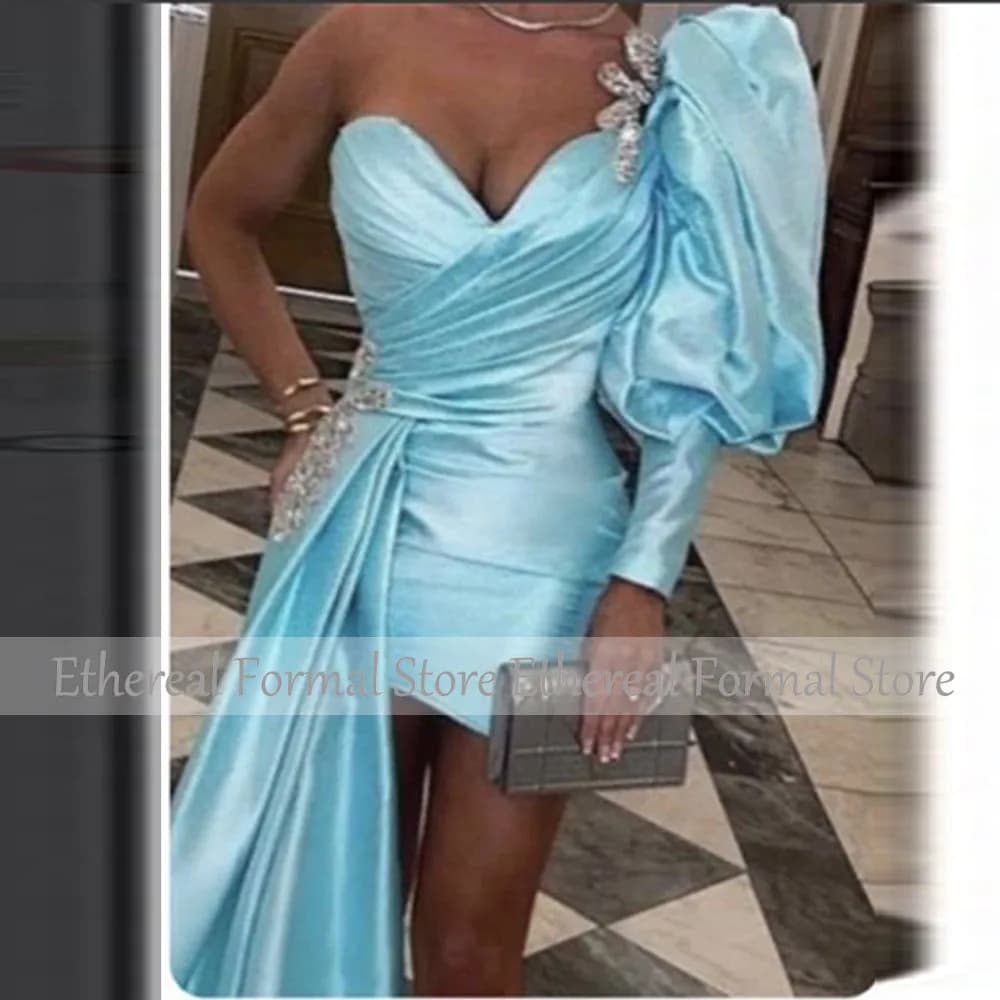 Modern Sky Blue Satin Cocktail Dress Mini Short One Shoulder Cocktail Gown for Women Sheath Pleat Long Puff Sleeves Party Gown