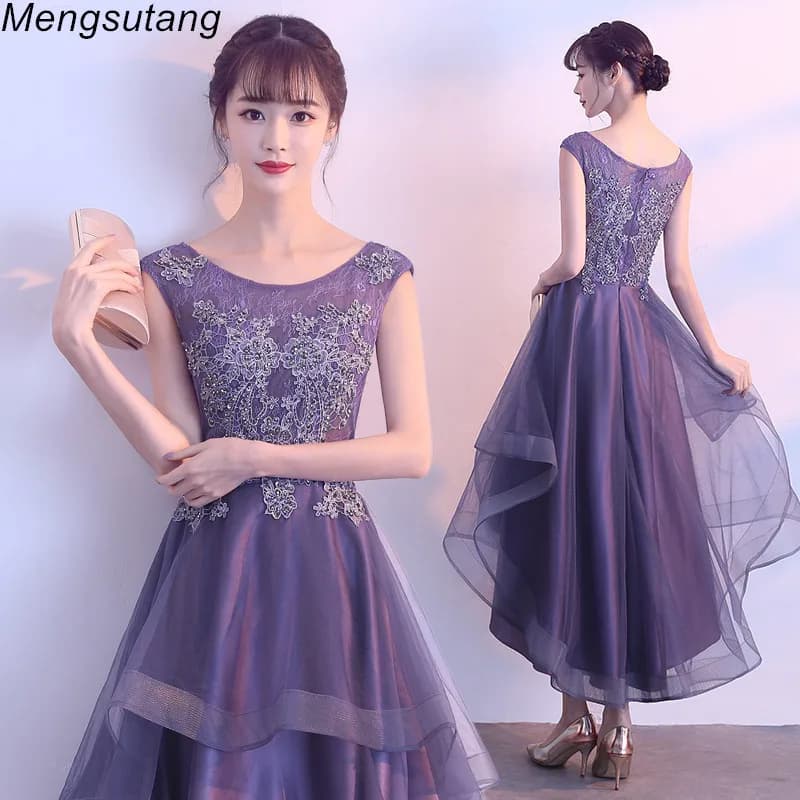 Robe de soiree Elegant O-Neck Short Front Long Back Evening Dresses Lace With Beading vestido de festa Banquet Party Prom dress