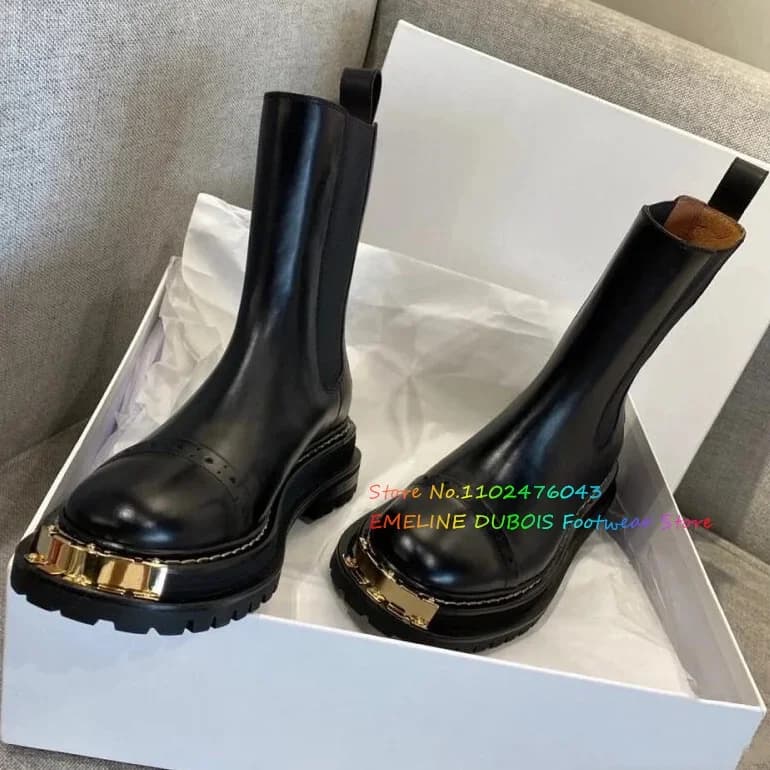 2025 New Autumn Design Black Ankle Boot Fashion Metal Round Toe Ladies Casual Chelsea Boots Shoes Soft Leather Short Boots Women