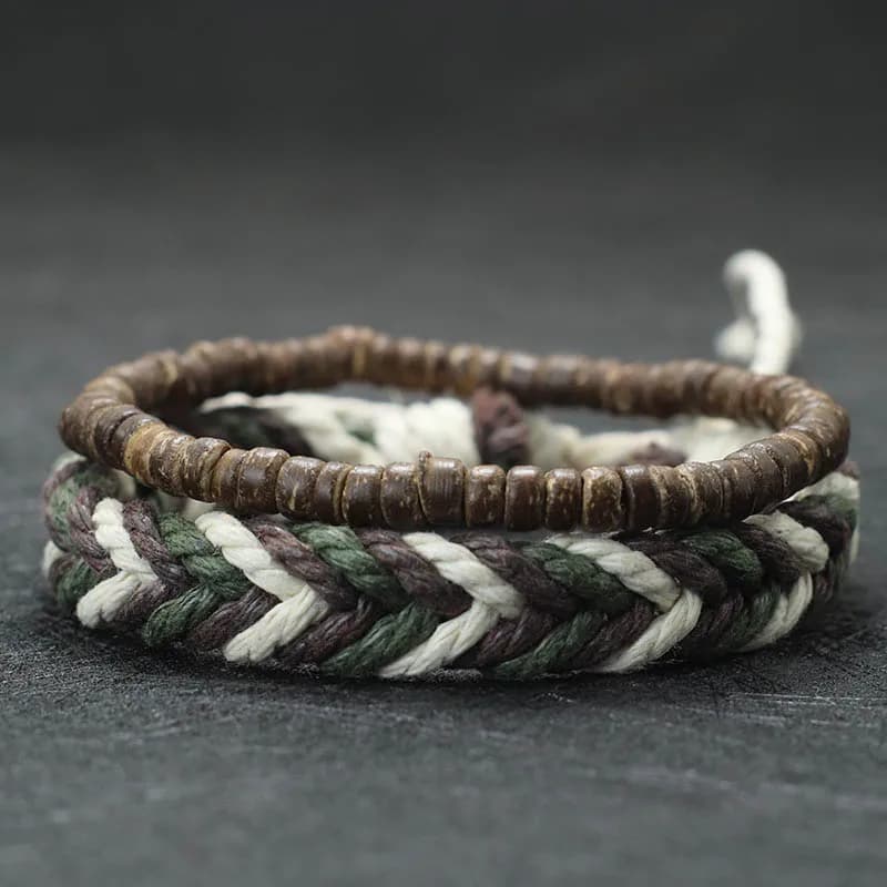 2Pcs Men Bracelet Set Natural Coconut Beads Braclet Homme Handmade Weaven Macrame Braslet Tiger Eyes Stone Brazalete Pulseria