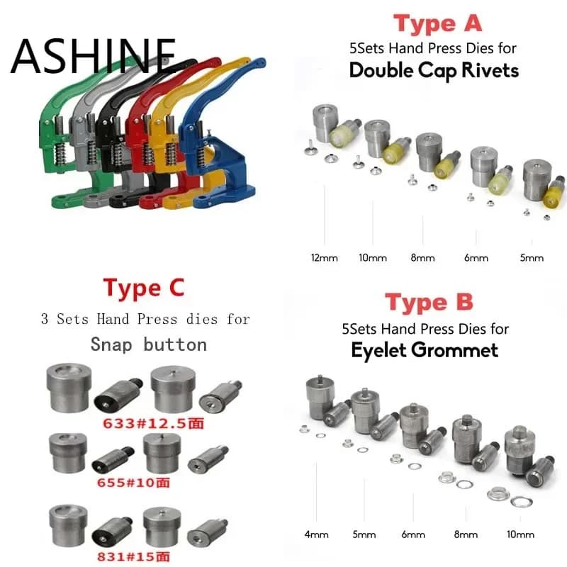 Hand Press Grommet Machine Dies Mol Punch Tool Kit Double Cap Rivets Snap Eyelet Buttons Tools Leathercraft Handmade Machines