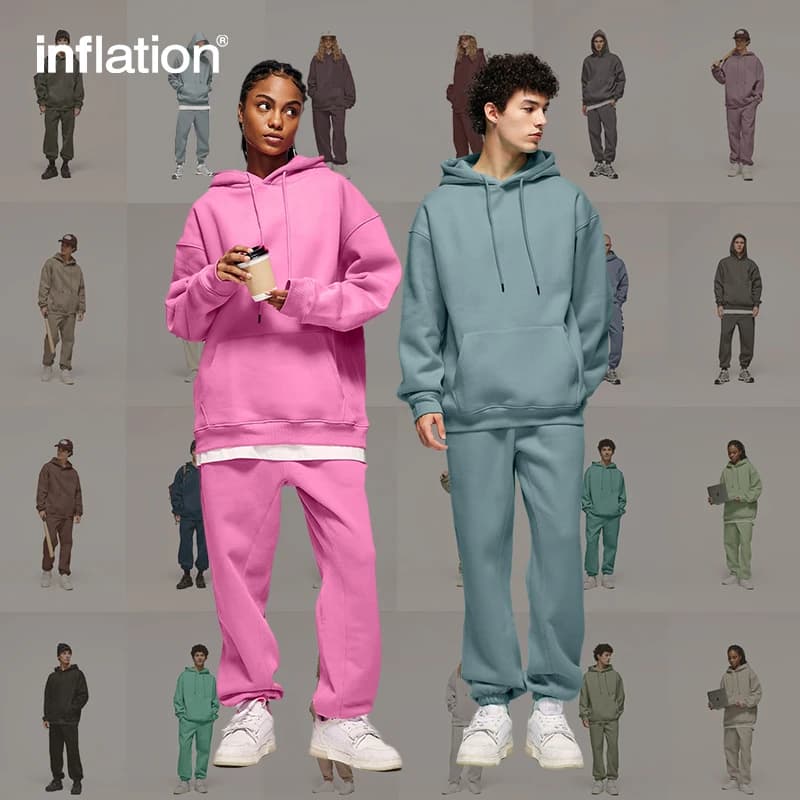 INFLATION Winter Thick Fleece Tracksuit Set Unisex Trendy Candy Color Jogging Suit Mens Matching Velvet Hoodies Set
