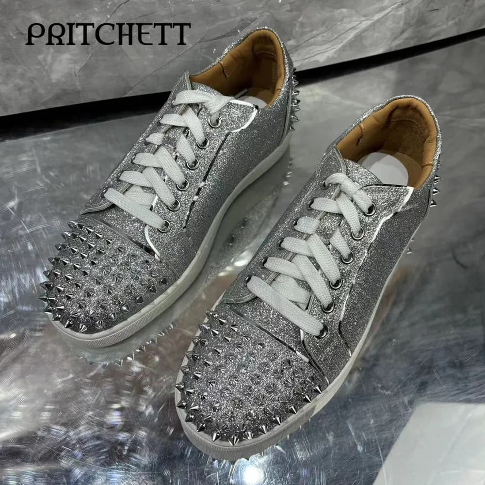Personalized Rivet Silver Casual Shoes Round Toe Lace-Up Large Size Fashion Shoes Daily Comfortable Men's Sports Shoes