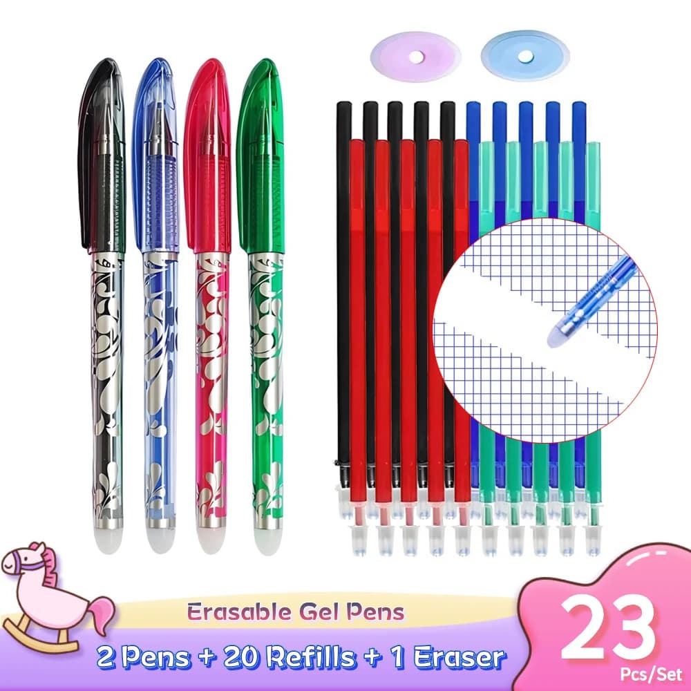 2 Erasable Gel Pens + 20 Refills + 1 Eraser 0.5mm Magic Ink in Black Blue Red Green Smooth Writing Stationery for School Office
