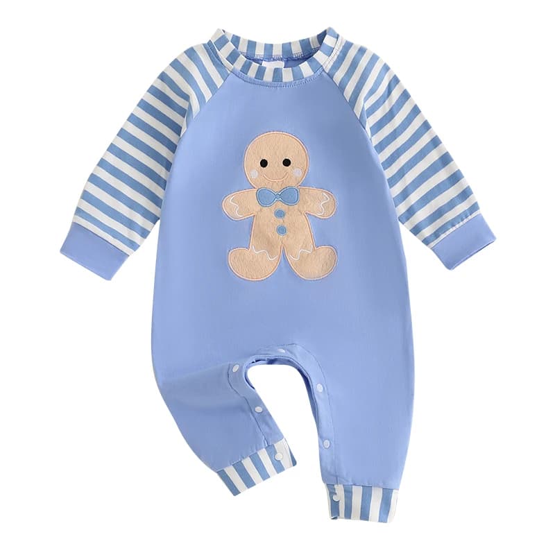 Baby Jumpsuit Long Sleeve Striped Embroidery Gingerbread Man Christmas Romper Clothes for Girls Boys