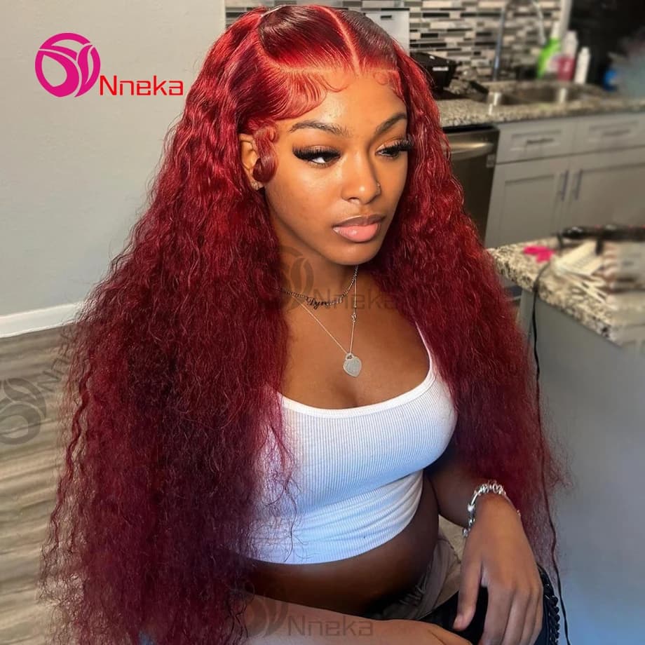 Burgundy 13x6 Hd Lace Frontal Human Hair Wig Deep Wave Curly Human Hair Wigs Water Wave Colored 99j Red 30 Inch Lace Front Wig