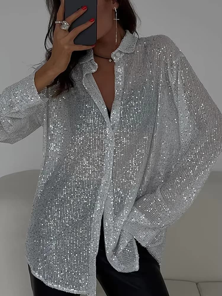 2025 Trendy Plus Size Sequin Sparkle Shirt - Vintage Collared Loose Fit Long Sleeve for Spring