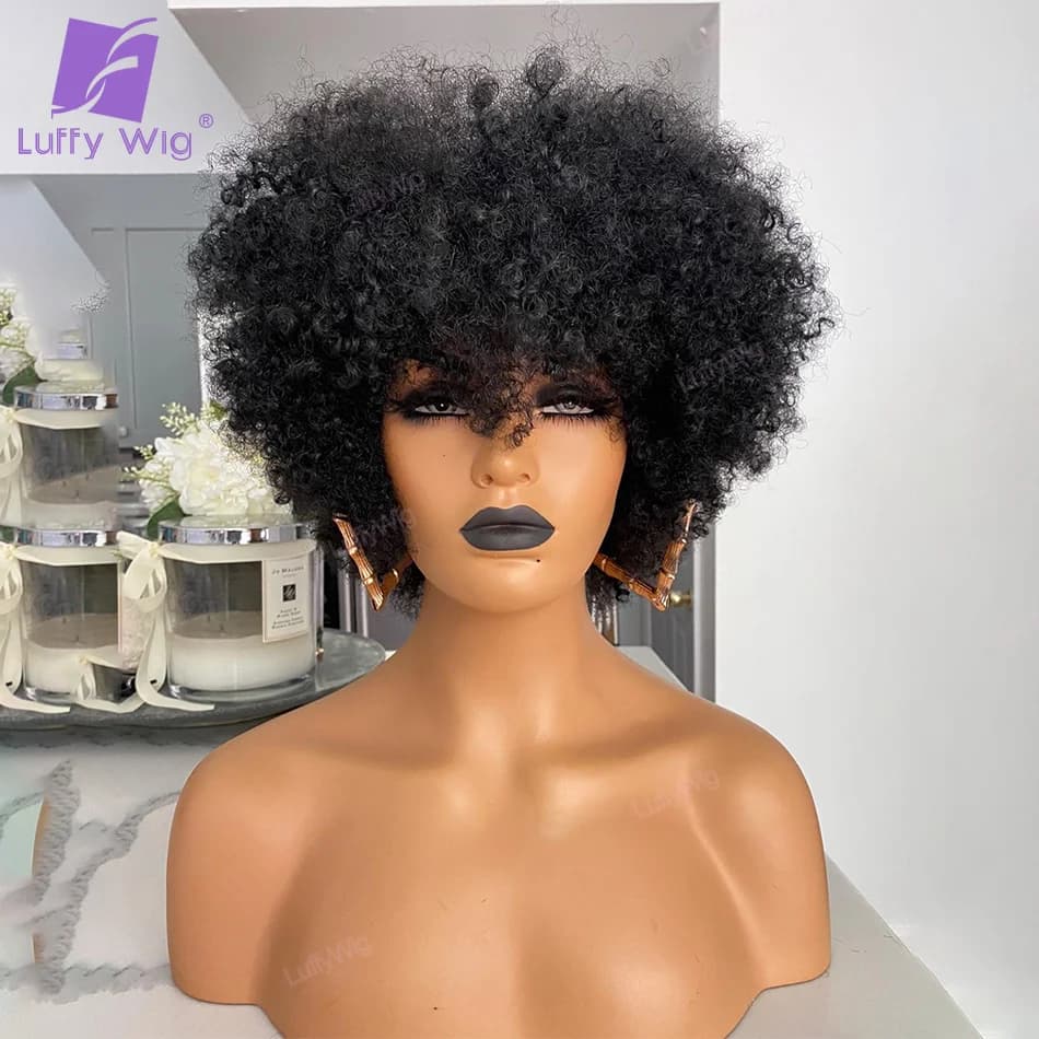 Short Pixie Cut Human Hair Bob Wigs With Bangs Brazilian Remy Short Bang Bob Wig 200 Density Glueless For Black Women Luffywig