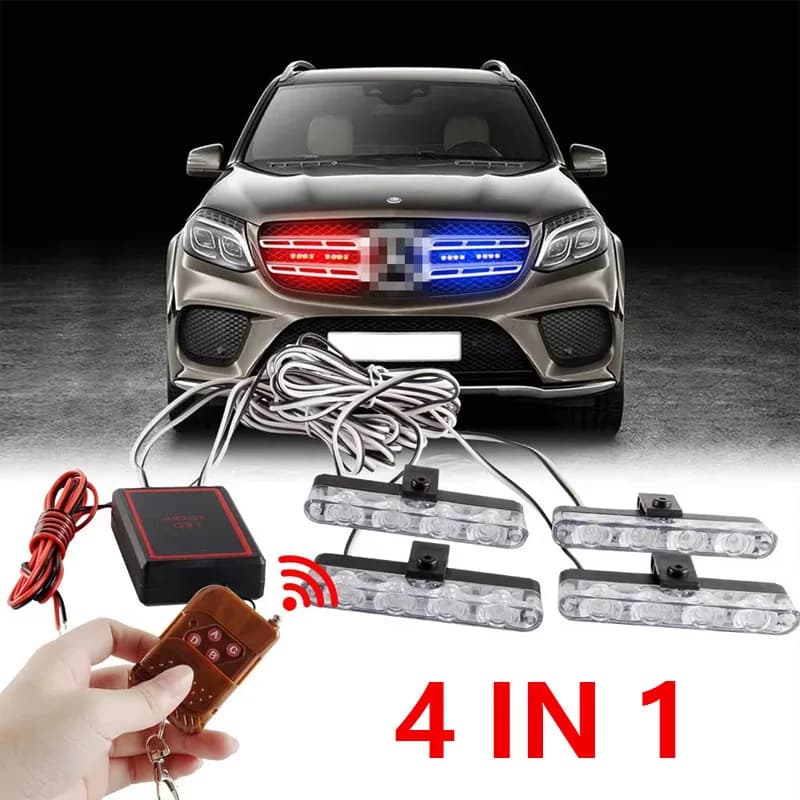 4 In 1 Red Blue Emergency Strobe Lights Police Lights 12V With Wireless Remote Control Flash Grille Light for Cars Truck Van SUV