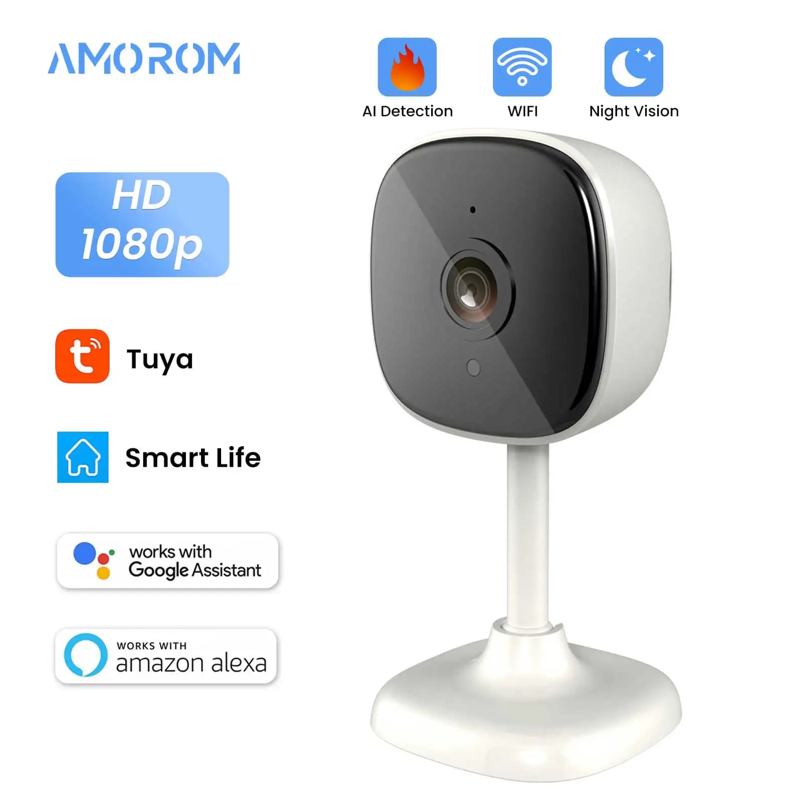 1080P HD Tuya Wifi IP Camera Indoor Pet Baby Monitor Night Vision Ai Detection P2P Surveillance Cameras with Alexa & Google Home