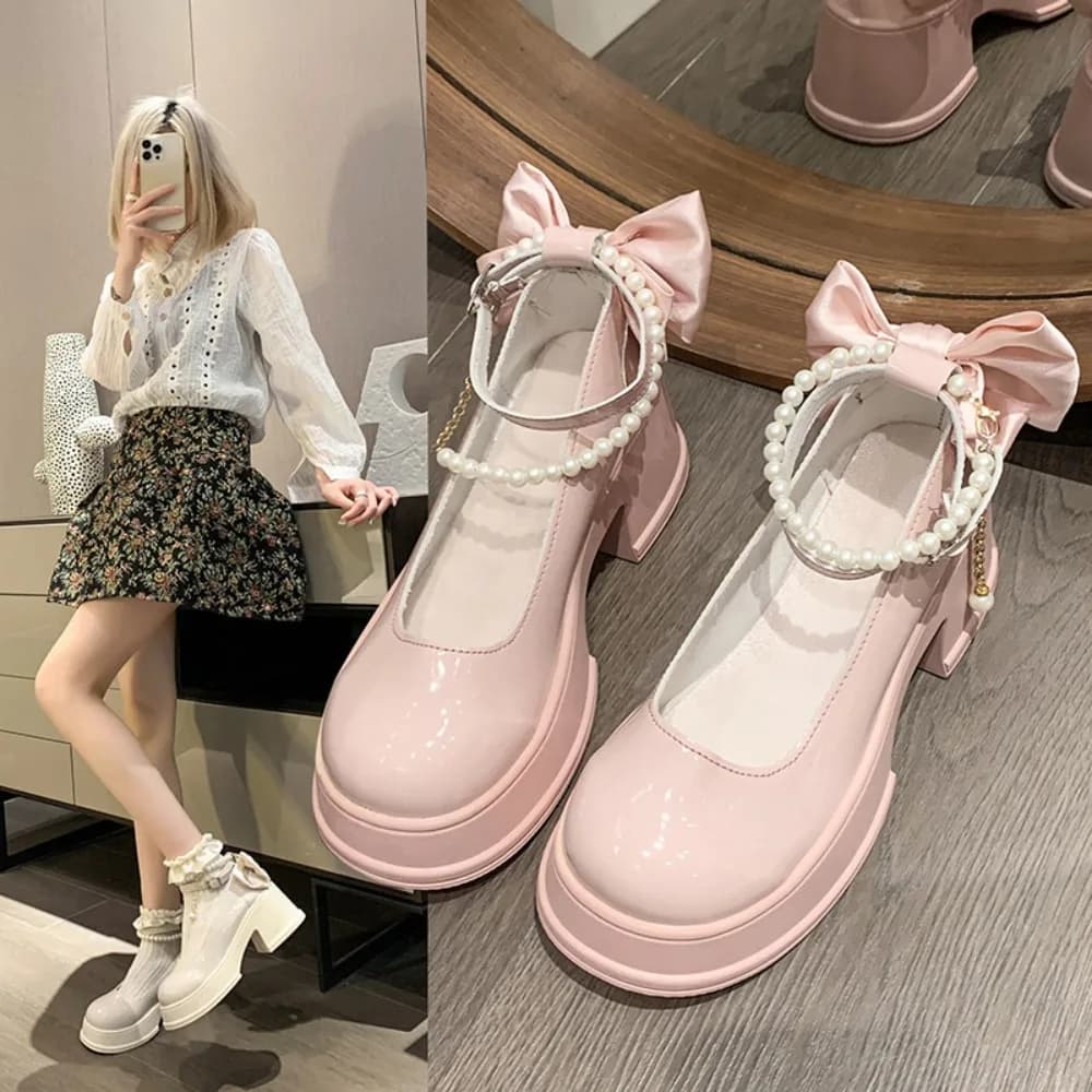 Pink Beaded Mary Jane Shoes Women's High-heeled Shoes Spring Autumn Wear Round Toe Shallow Sakura Pink Jk Uniform Platform Shpes