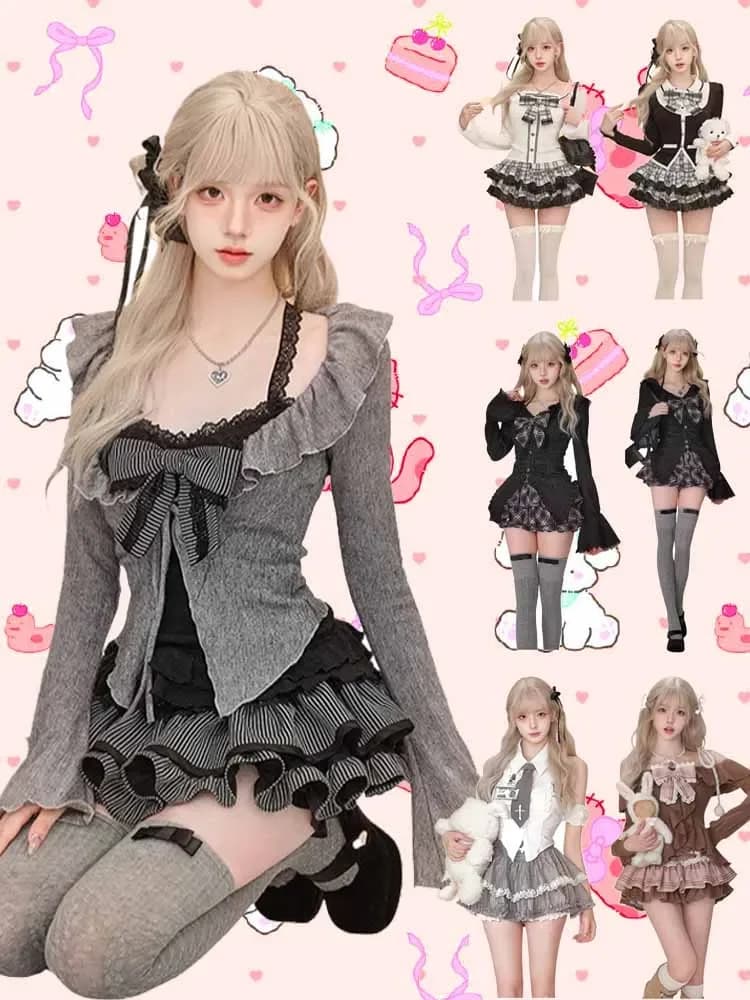 Vintage 3 Piece Skirt Suit Women Kawaii Ruffles Cardigan Outwear Bodycon Vest Blouse + Slim Y2k Skirts Evening Party Lolita Sets