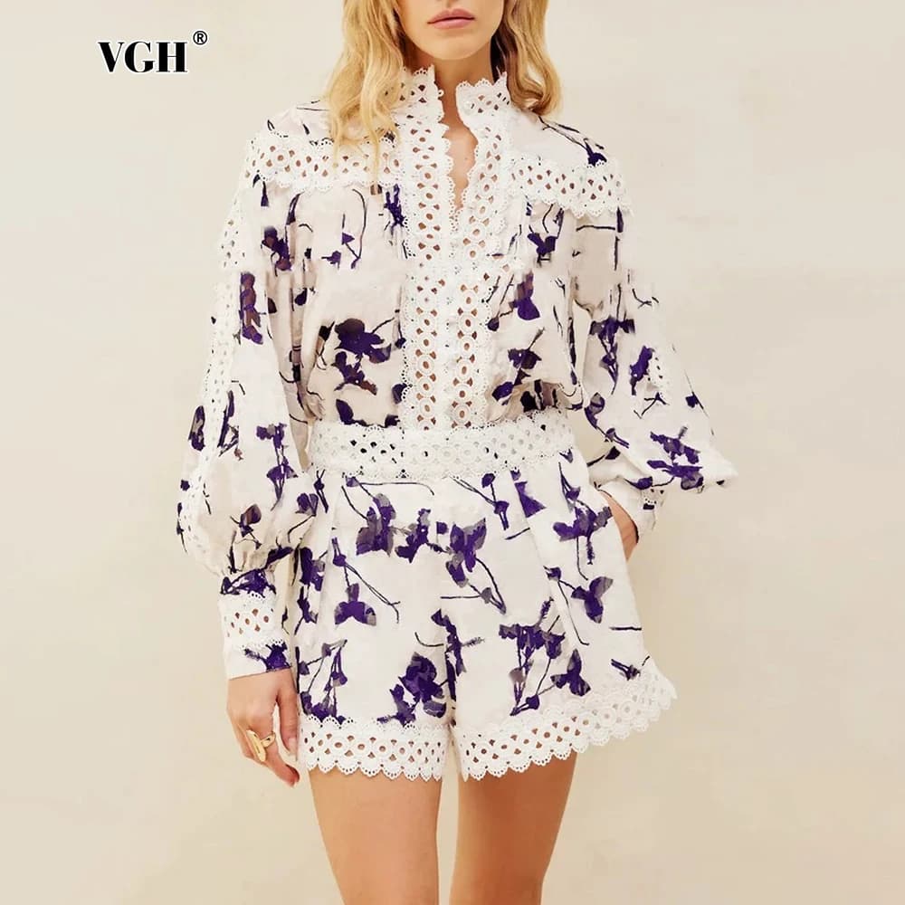 VGH Print Two Piece Set For Women Stand Collar Lantern Sleeve Blouse High Waist Hollow Out Shorts Casual Suit Female Clothes New