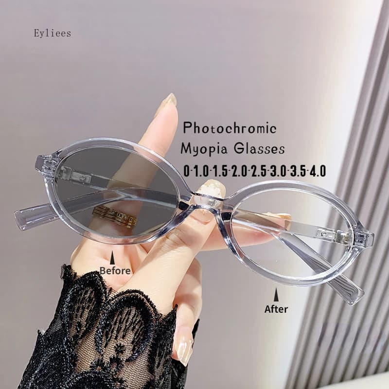 Oval Frame Photochromic Myopia Glasses Unisex Color Changing Minus Diopter Eyeglasses Vintage Outdoor Sunglasses for Men Women