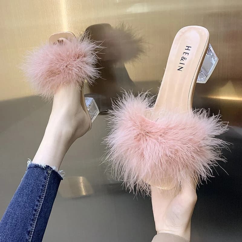Fashion Slippers Women's Summer New Open Toe Plush Fox Fur Chunky with Flip Flops Sexy Home Banquet Square Toe Simple Pumps