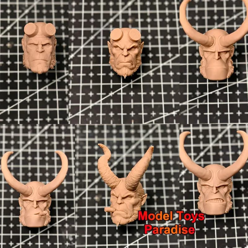 Unpainted 1/12 Men Soldier HellBoy Head Sculpt Super Hero White Model Head Fit 6inch MEZCO SHF Action Figure Body