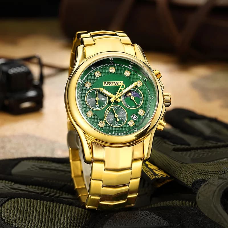 BESTWIN 804 Men's Time Code Watches Waterproof Stainless Steel Band Glow Moon Phase Date Fashion Business Quartz Watch for Men