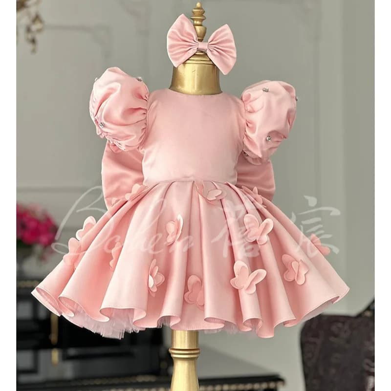 Sweet Cute Three Dimensional Bow Tie Design Pink Princess Ball Gown Children Birthday Wedding Party Dress y1413