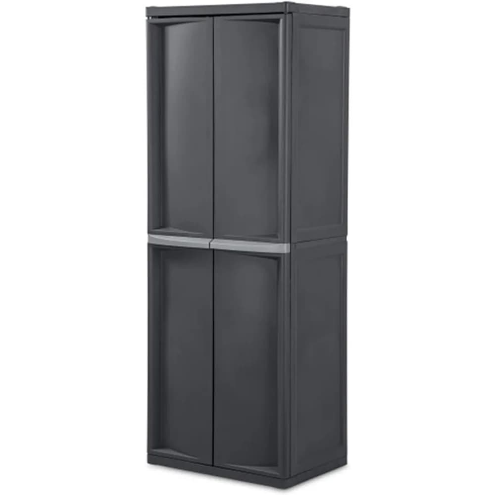 Sterilite 4 Shelf Cabinet, Heavy Duty and Easy to Assemble Plastic Storage Unit, Organize Bins in the Garage, Basement