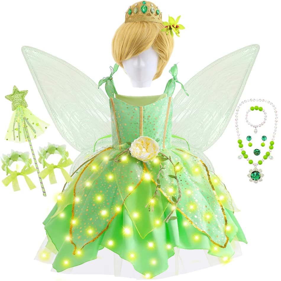 Girls Tinker Bell Dress With Wings Luxury Sequin Green Fairy Costume Halloween Fantasy Cartoon Outfits Green Princess Dress
