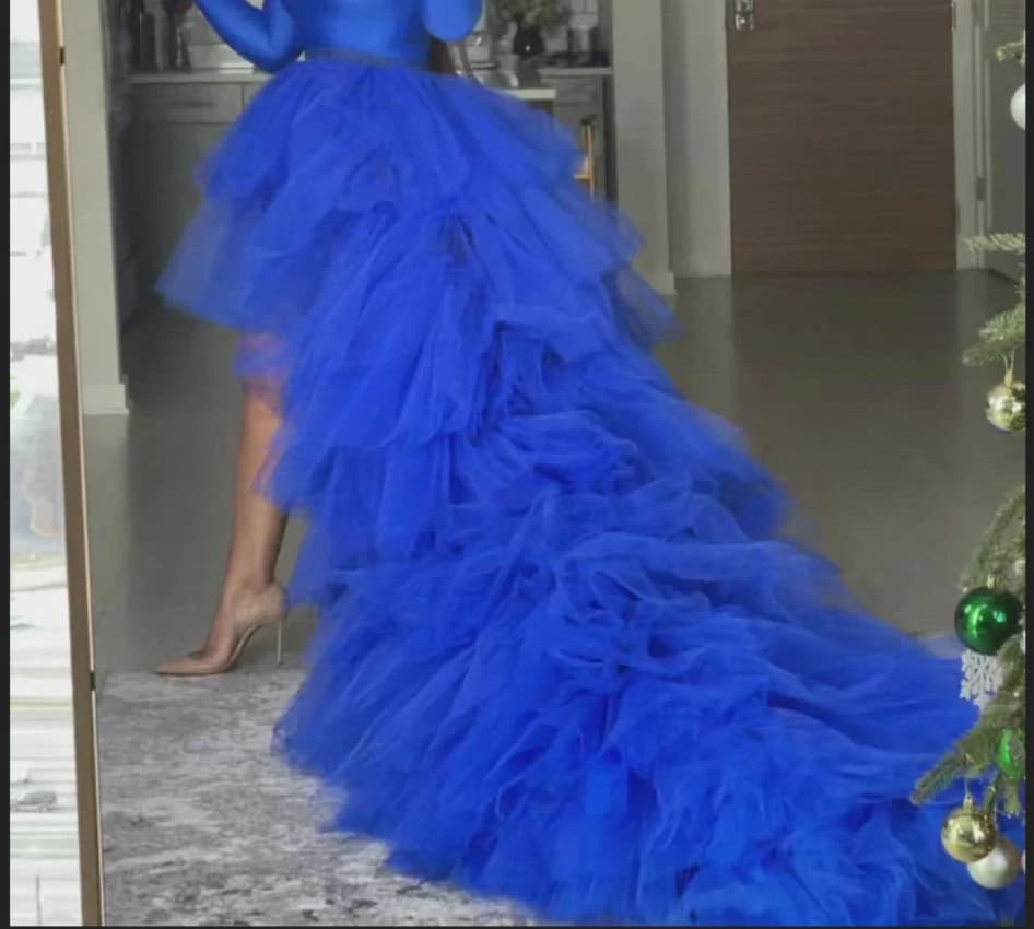 Fashion Draped Tulle High Low Women Dresses Off The Shoulder Long Ruffles Mesh Dress To Party Bridal Tulle Dress evening skirt