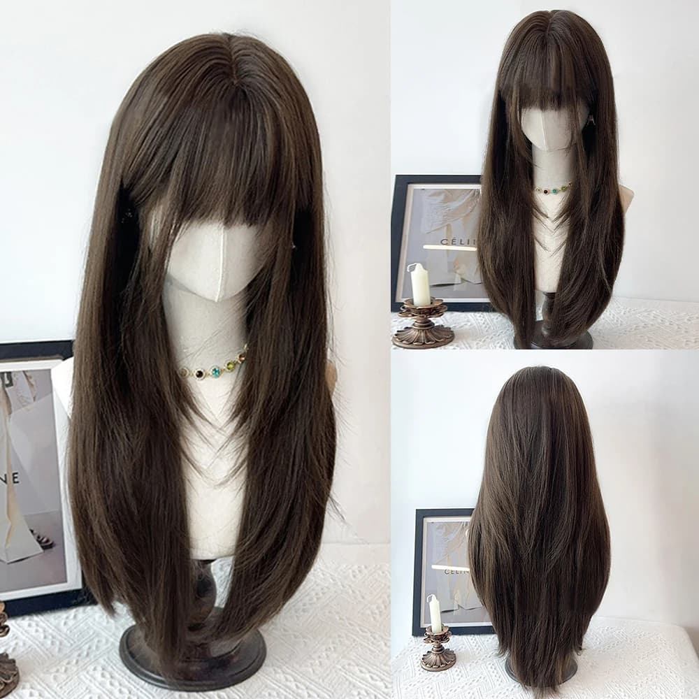 Long Straight Women Lolita Cosplay Grey Brown Wig Synthetic Fluffy Heat Resistant Wig for Daily Party