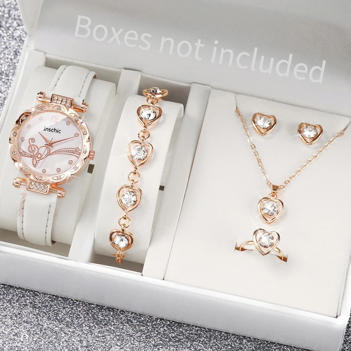 6PCS/Set Fashion Rhinestone Women's Watch Leather Band Analog Quartz Watches Rhinestone Heart Jewelry Set（Without Box）