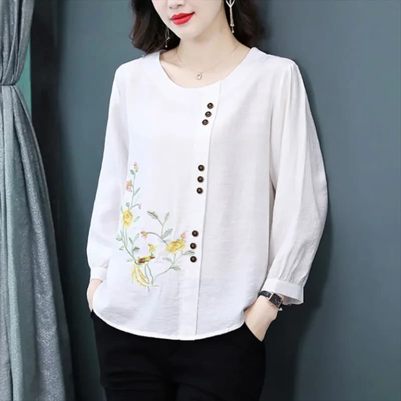 Cotton Embroidery Blouse Women Shirt 3/4 Sleeve Shirt Summer Pullover O-neck Loose Vintage Woman Clothes Blous Thin Female Shirt