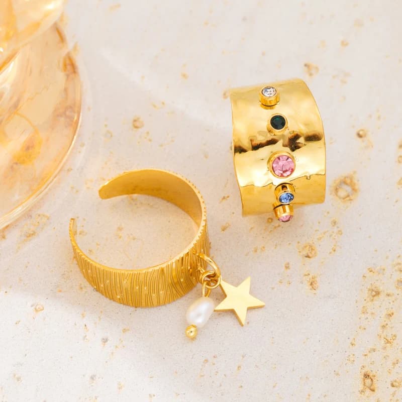 18k Gold Plated Stainless Steel Open Ring for Women Fashion Charm Minimalist Freshwater Pearl Zircon Rings Jewelry Party Gifts