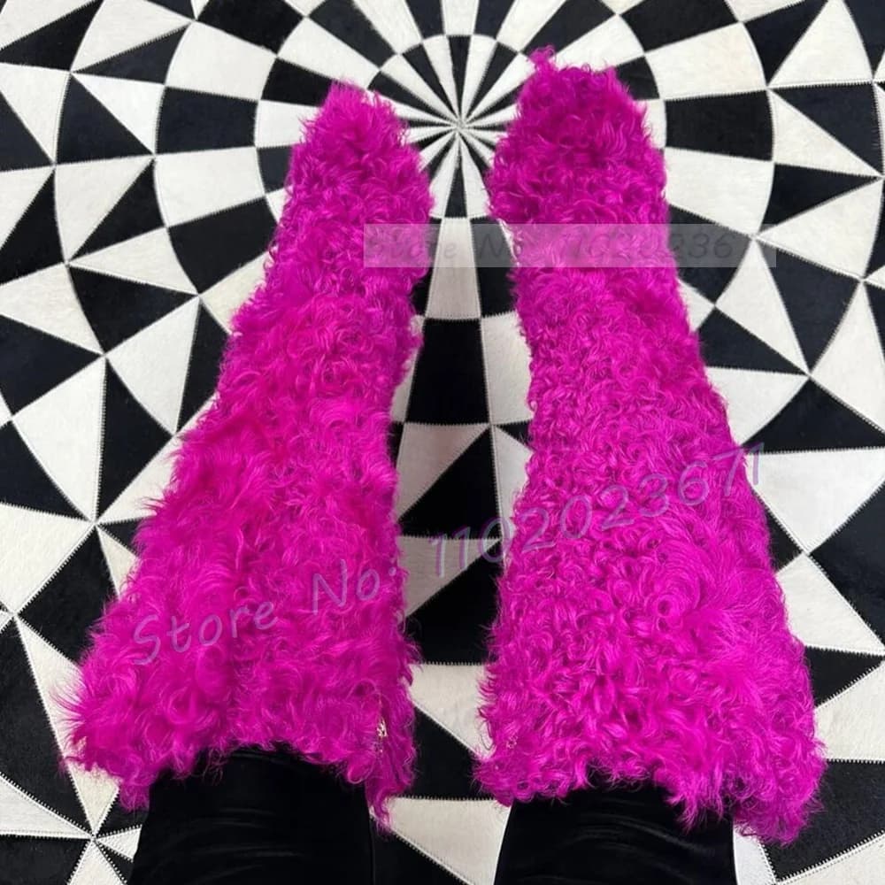 Hot Pink Shearling Hair Boots Women Sexy Thin High Heels Chic Curly Fur Party Shoes Female Luxury Round Toe Side Zipper Boots