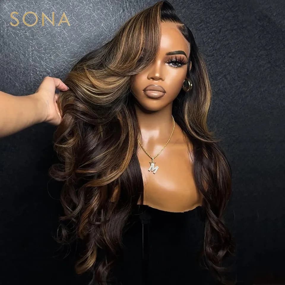 13x6 HD Transparent Lace Frontal Honey Blonde Human Hair Wigs Brown Stripe Highlights 4x4 Closure Lace Wig Pre Plucked For Women