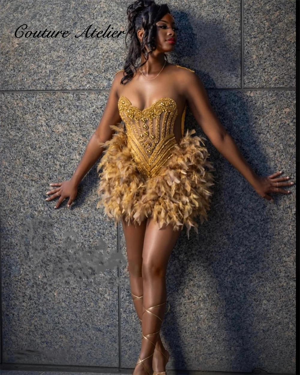 Golden Feathers Rhinestone Prom Dress Black Girl Mermaid Glitter Crystal Bead Birthday Party Cocktail Homecoming Gown Customized