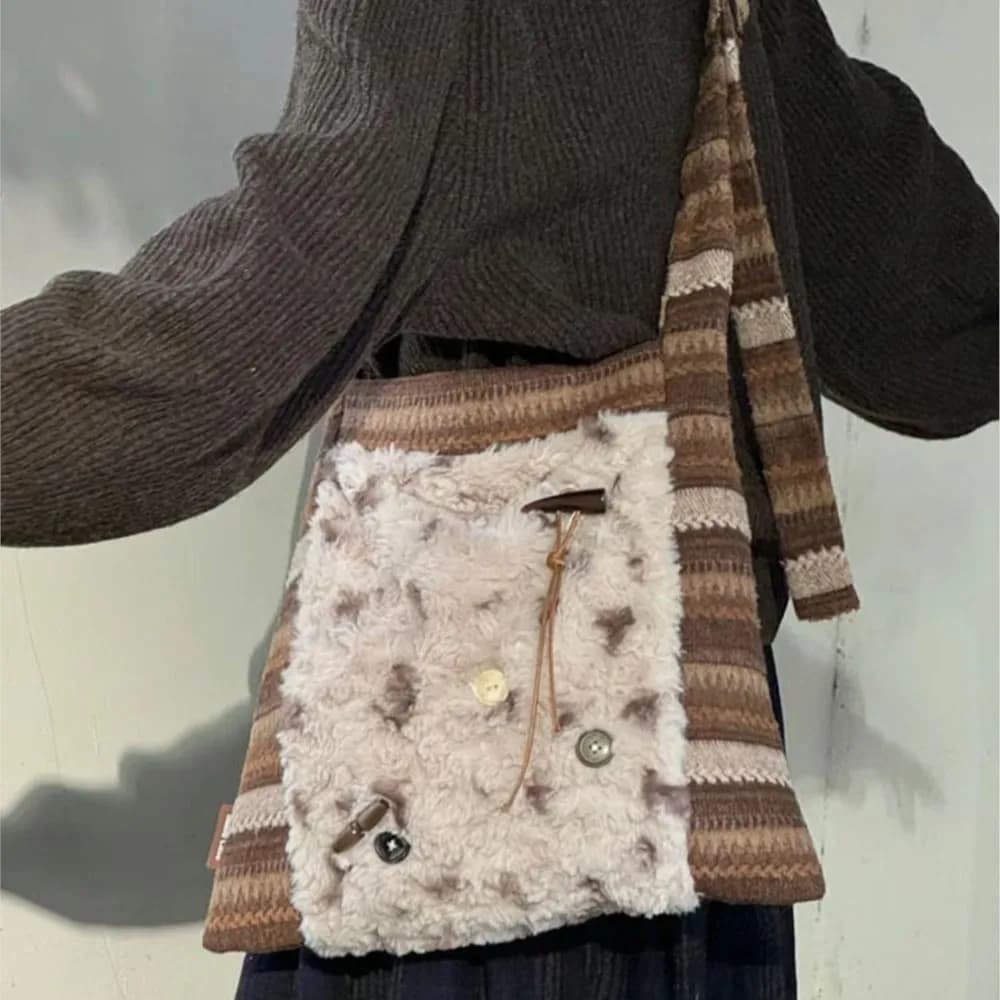 JIAERDI Retro Stripe Tote Bag Women Harajuku Plush Patchwork Soft Chic Casual Handbag Female Large Capacity Shoulder Bags Bolsos