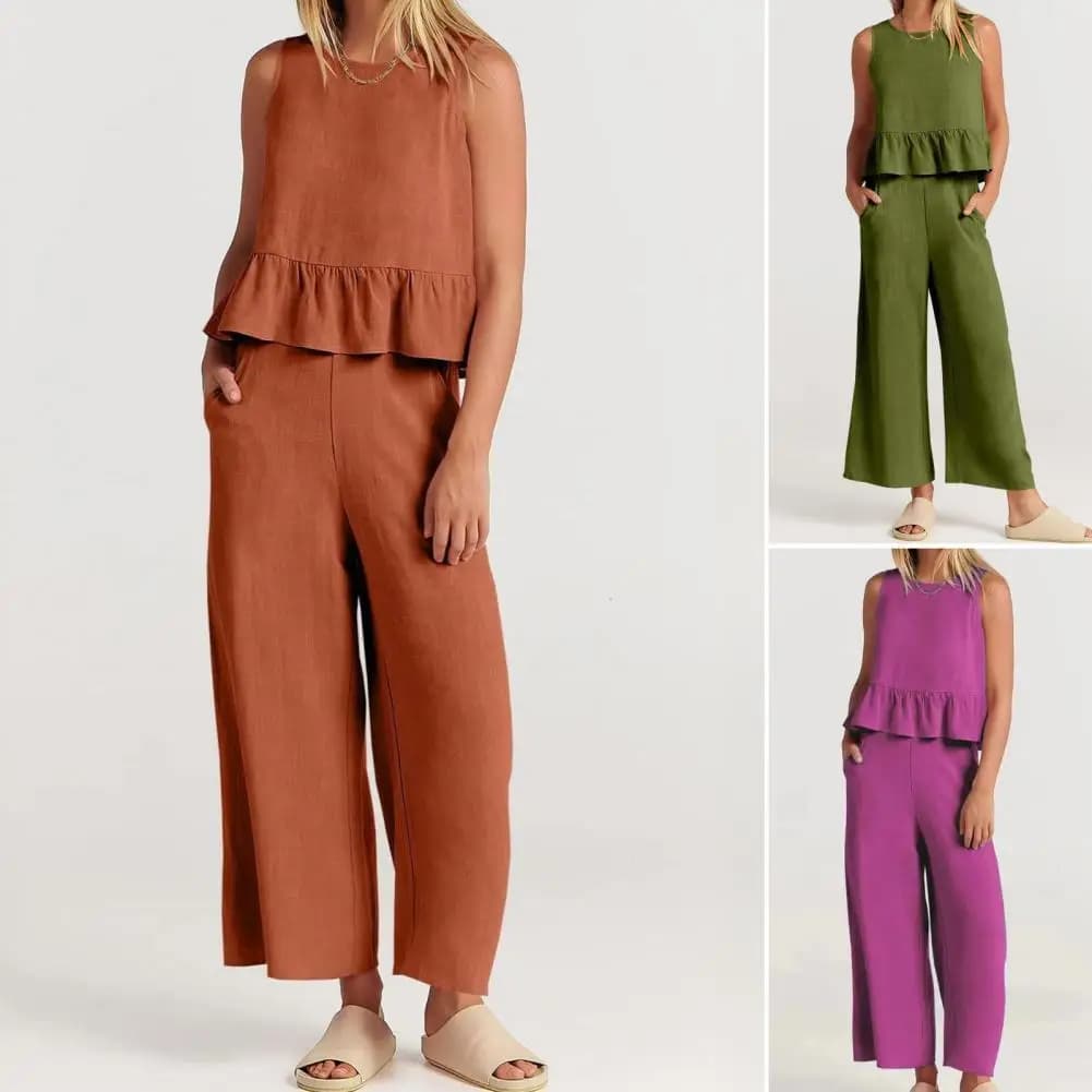 Women Two-piece Set Chic 2-piece Women's Tank Top Trousers Set Ruffle Hem Buttoned Back High Waist Wide Leg for Fashionable