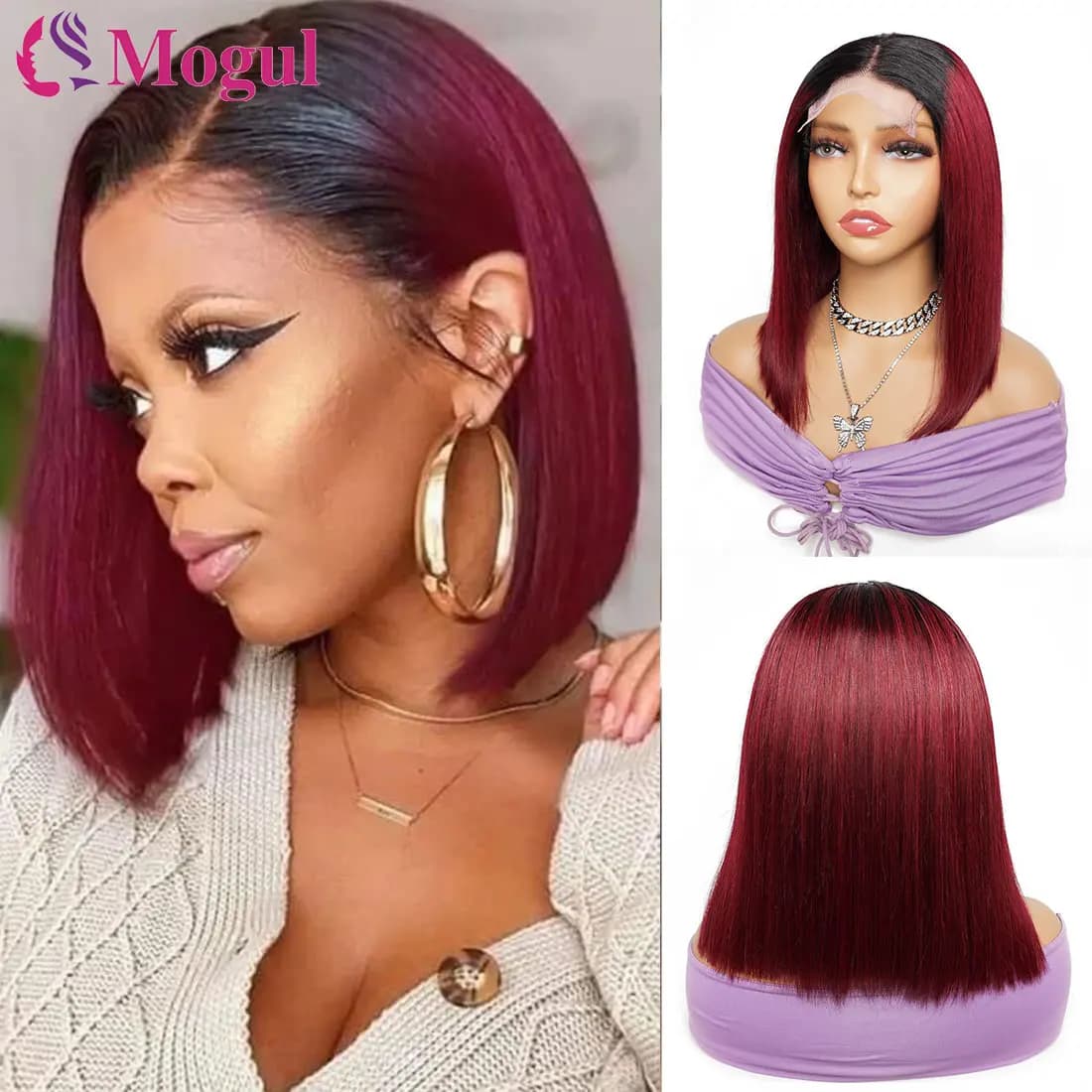 Brazilian Bone Straight Human Hair Wigs For Women 1B/99J Highlight Wig Human Hair bob Wig Straight 4x4 Lace Frontal Short Bob