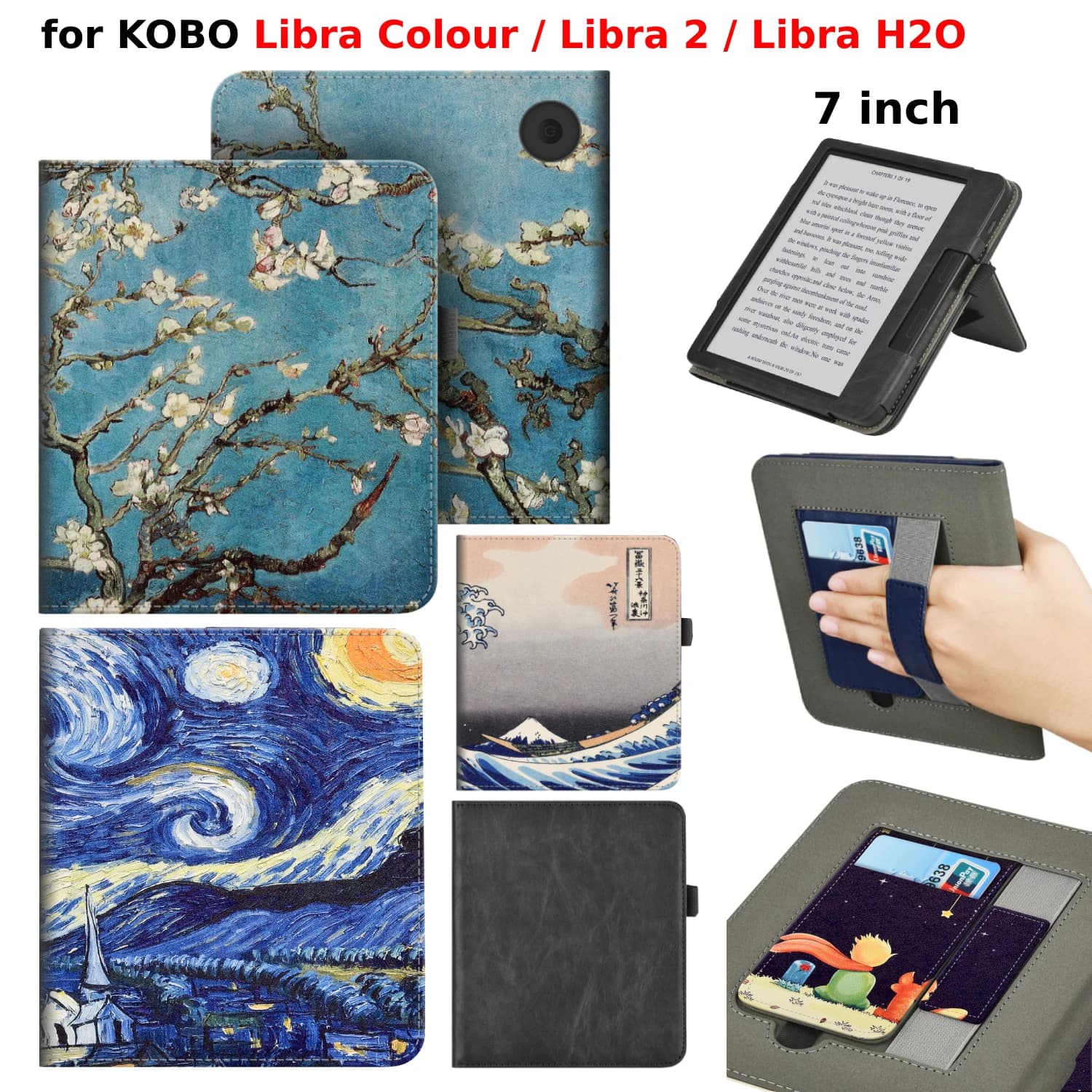 For KOBO Libra Colour/Libra 2/Libra H2O Case with Hand Strap Stand Card Slot 7 inch Leather Cover Ebook N428 N418 N873 Funda