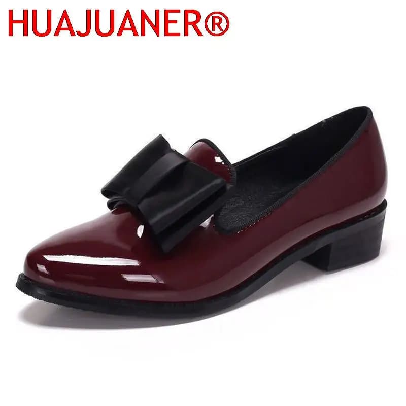 Women Bow Pumps Women's Pointed Toe Low Heels PU Leather Woman Slip On Platform Fashion Ladies Shoes Female Footwear