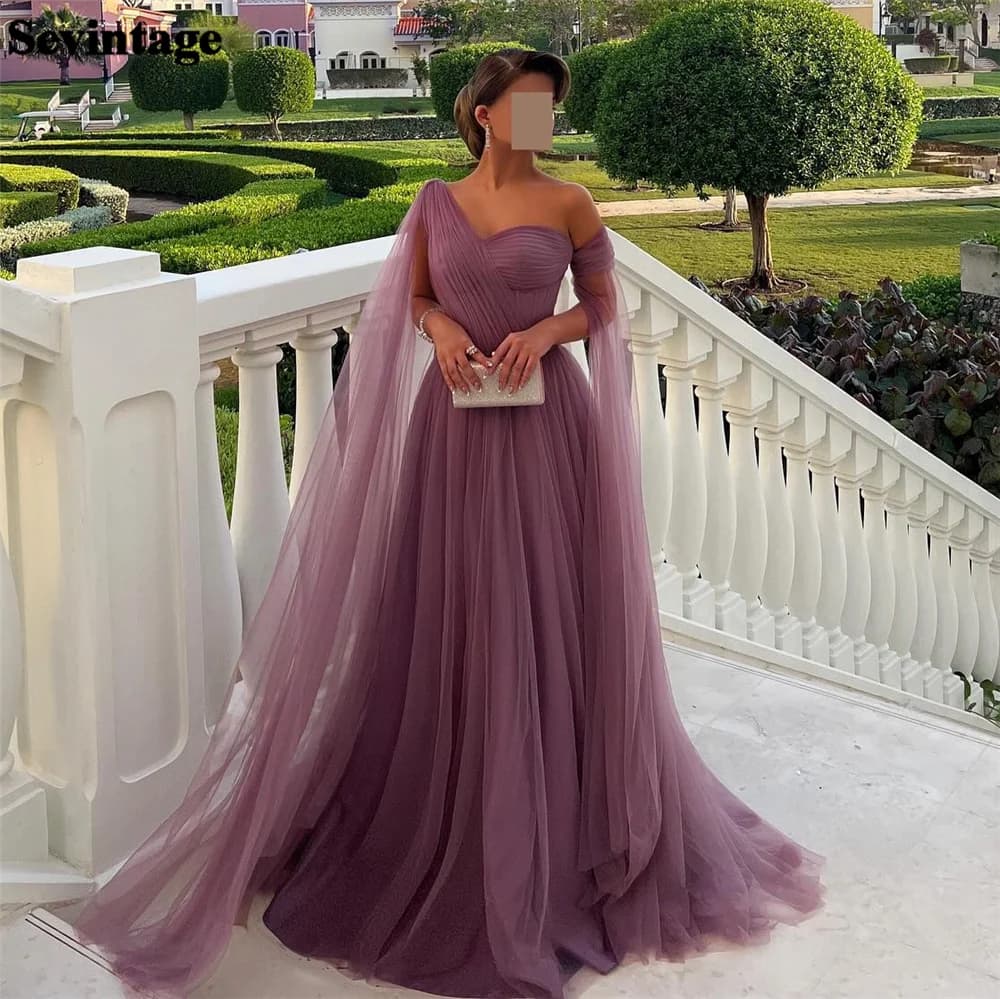 Sevintage Customized Elegant Lavender Tulle Prom Dress One Shoulder Ruched Floor Length Simple Homecoming Dress